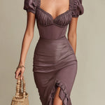 Retro Heart-Neck Midi Dress with Ruffled Hem