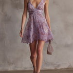 Retro Purple Floral Ruffled Chiffon Mini Dress
