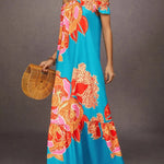 A-Line Loose Elasticity Flower Print Pleated Split-Joint Off-The-Shoulder Maxi Dresses