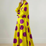 Long Sleeves Loose Big Hemline Contrast Color Pleated Polka Dot Split-Joint Half Turtleneck Maxi Dresses