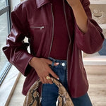 Fashion Lapel Long Sleeve Pocket Zipper Leather Jacket