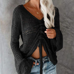 Front Tie Crop Knits Tops Ruched Drawstring Knitted V Neck Long Sleeve T Shirts