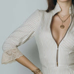 Vintage Striped Lace Zippered Neck Mini Dress