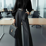 Puff Sleeves Pleated Solid Color Split-Joint High Neck Blouses&Shirts Tops