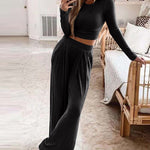 Two Pieces Sets Long Sleeve Crop Thread Top Casual High Waist Wide Leg Pants