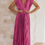 Elegant Satin Pleated V-neck Flowing Midi Dress