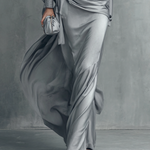 Women's Premium Grey Acetate Double-sided Satin Knot Detail Evening Dress
