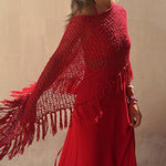 Nadorine Women's Dolman Sleeve Fringe Knit Sweater Pullover Cape Shawl Blouse