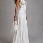 Vintage stand-collar wide-leg jumpsuit with lace paneling