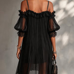 Black Off-Shoulder Chiffon Mini Dress with Lace Trim