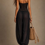 Black Lace and Chiffon Spaghetti-Strap Harem Jumpsuit