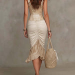 Beige Bohemian Lace Trim Ruched Midi Dress