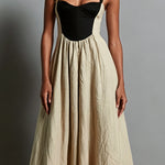 Khaki Sleeveless Maxi Dress with Square Neck and Color-Block Paneling
