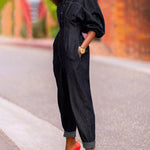 Puff Sleeves Split-Joint Round-Neck Jumpsuits