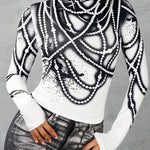 Long Sleeves Skinny Printed Striped High Neck T-Shirts Tops