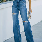 High Rise Long Ripped Wide-leg Denim Jeans