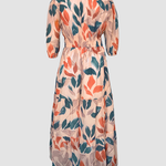 Plants Print V-Neck Half Sleeve Shirred Back Maxi Dress Casual Button Decor Ruched Ruffle Hem Vacation Dress