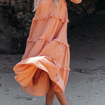 COTTON BLEND POCKETED TIERED MIDI DRESS