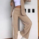 Sporty Mixed Formal Striped Trim Lapel Blazer and Elastic Waist Pocket Loose Pants Set