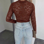 Women's Sexy Sheer Lace Top Long Sleeve O-Neck Slim Fit See-Through Elegant Blouse Base Layer Shirt