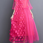 Loose Short Sleeves Asymmetric Gauze Split-Joint Round-Neck Midi Dresses