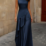 Satin Sleeveless Maxi Dress With Asymmetric Draping