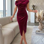 Women's Velvet Skew Neck Midi Dress Elegant Ruched Wrap Slit Bodycon Evening Dress