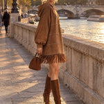 Brown hooded faux-suede mini dress with fringe