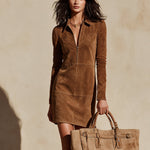 Brown half-zip straight-cut suede mini dress