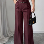 Women's Casual & Sophisticated High-Waisted Loose-Fit Straight-Leg Trousers（Belt included）
