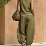 Retro Casual Linen Blend Embroidered Lace Trim Matching Set