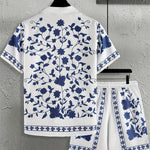KZZ Men's ethnic-style patterned button-down shirt and shorts loungewear two-piece set