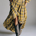 Casual loose retro plaid shirt dress with belt