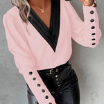 Autumn Fashion V-neck Solid Color Long Sleeve Button-up Shirt