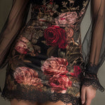 Velvet Rose Print Sheer Patchwork Mini Dress With Lace Trim