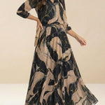 Elegant 3/4-sleeve printed waist-cinching dress