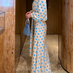 Elegant Polka-Dot V-Neck Puff-Sleeve Waist-Defining Dress