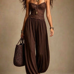 Black Lace and Chiffon Spaghetti-Strap Harem Jumpsuit