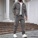 KZZ Men's Solid Color Pocket Button Front Shirt & Pants Two-Piece Set