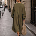Relaxed-fit olive green sweatshirt dress with heart-shaped patch