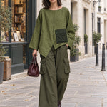 Textured green pocket top and wide-leg cargo pants set
