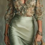 Elegant Floral Ruffle Blouse & Satin Mini Skirt Set