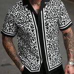 KZZ Men's Casual Short-Sleeve Shirt with Leopard Print Color-Blocking and Spread Collar