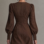 Brown Faux Suede Deep V-Neck Puff Sleeve Mini Dress
