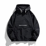 KZZ Men's Letter Print Drawstring Pocket Half Zipper Hooded Jacket