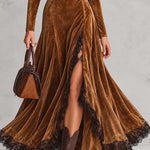 Golden Brown Velvet Maxi Dress With Neck Tie And Black Lace Trim