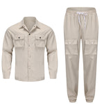 KZZ Men's Solid Button Pocket Lapel Neck Jacket & Drawstring Waist Cargo Pant Set