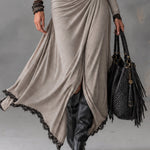Grey stretch mock-neck cropped top and slit maxi skirt set（Belt included）