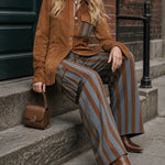 Retro Faux Suede Shirt And Vertical Striped Trousers Set