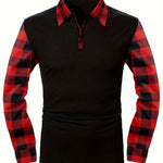 KZZ Men's Patchwork Plaid Print Half Zip Up Polo Shirt